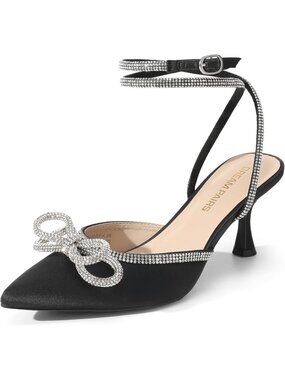 Women's Kitten Heels Rhinestone Bow Black Ankle Strap Pointed Close Toe Heels
